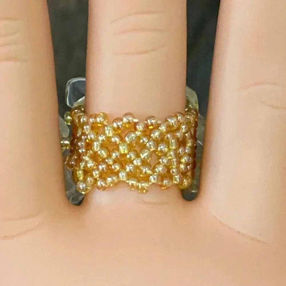 Gold Golden Handmade Seed Bead and Stone Chips Stretch Ring